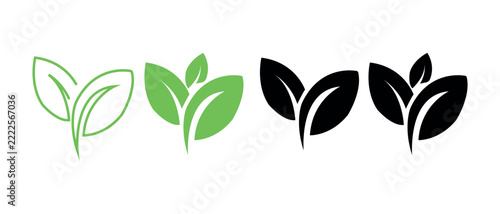 Two and three leaves icons with black and green eco logo design, organic illustration for vegetarian and vegan product branding, nature