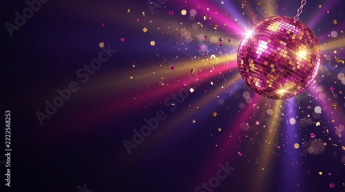 Pink and gold disco ball casting bright party lights across a dark, spacious background