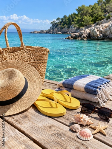 Straw Bag Sunhat Yellow Flip Flops and Beach Accessories beside Turquoise Water