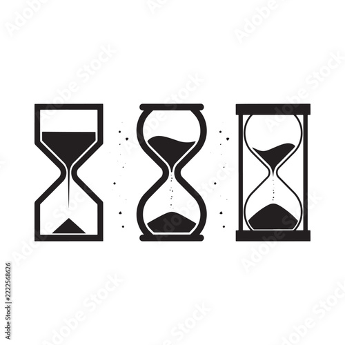 Three hourglass silhouettes depict varying levels of sand flow on white