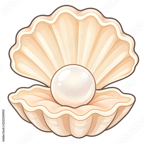 Open Seashell with Pearl Cute Vector Illustration