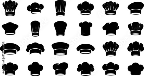 Chef hat silhouettes icon set, restaurant kitchen cook uniform headwear symbols, culinary bakery food caps