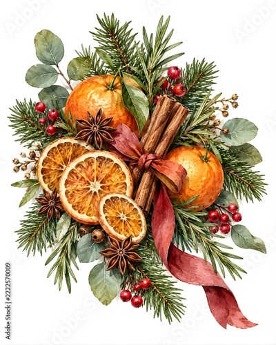 Watercolor Christmas Illustration with Dried Orange Slices, Cinnamon Sticks, Star Anise, and Pine Branches on White Background
