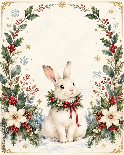 Cute White Bunny in Christmas Wreath with Red Ribbon and Winter Floral Frame for Holiday Greeting Card Background Illustration