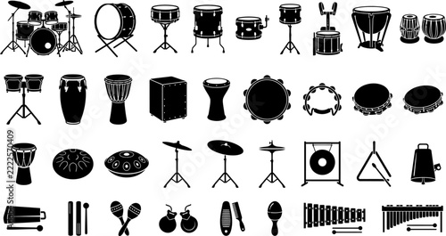 Obraz na plátně Set of various percussion musical instruments in black and white silhouette styl