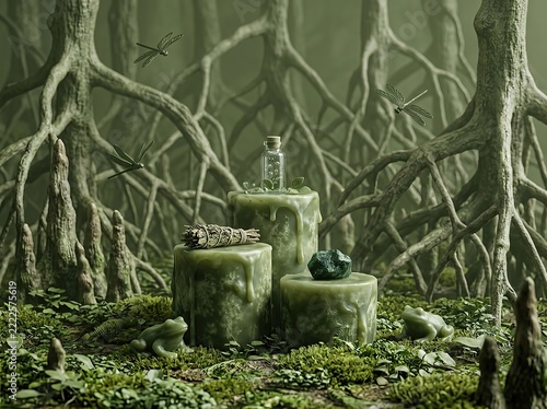 Mystical Green Swamp Apothecary Scene with Glass Bottle Herbs and Dragonflies in a Foggy Forest Setting
