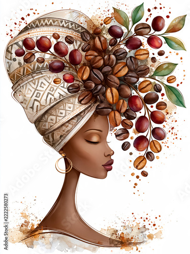 A stylish watercolor portrait of an African woman with a traditional headwrap and coffee beans.