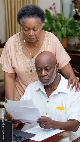 Senior couple reviews bills while seated at home office table with laptop and documents in relaxed setting during daytime hours