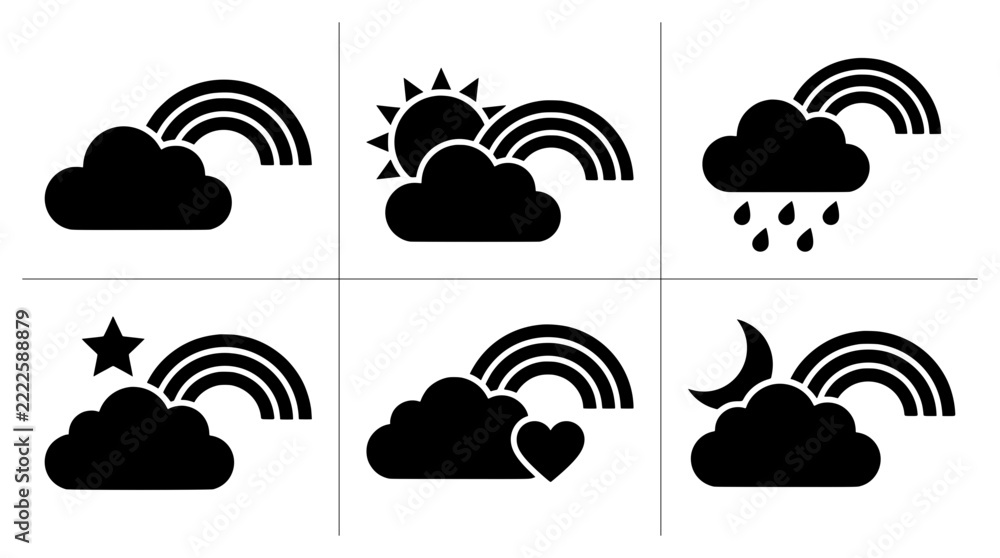 Fototapeta premium Weather icons set with cloud, sun, rainbow, rain, moon and heart for app and web