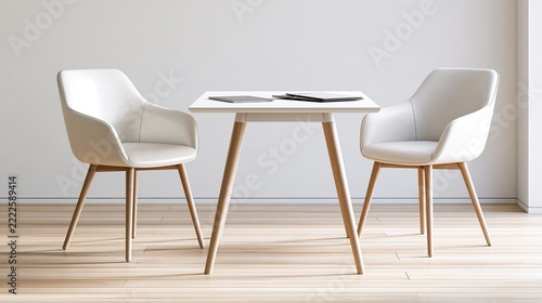 Minimalist setup with two modern white chairs and a table in a bright room.