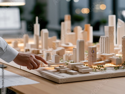 Architect examines a detailed cityscape model on a wooden table in a modern office setting.