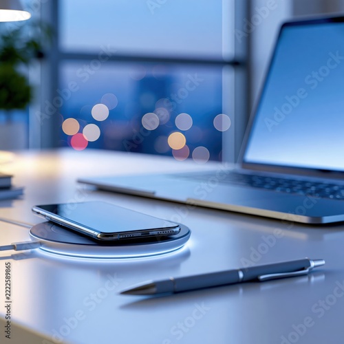Modern office desk with smartphone on wireless charger and laptop in a high-rise setting.