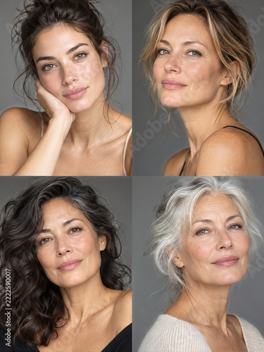 Beauty portrait collage of adult women with naturally textured skin