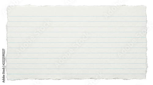 Blank lined notebook paper sheet with pale horizontal ruling, torn deckled edges, subtle fiber texture, and clean writable surface. Photorealistic studio product photography, top view, tack-sharp