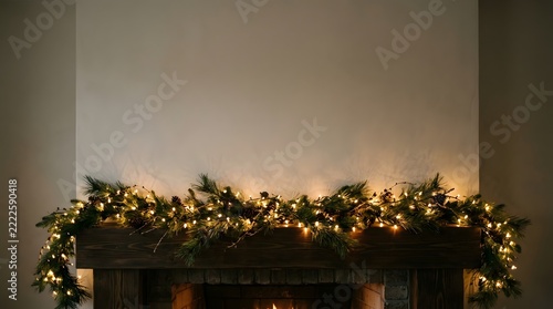 Festive pine garland with glowing fairy lights on a rustic wooden