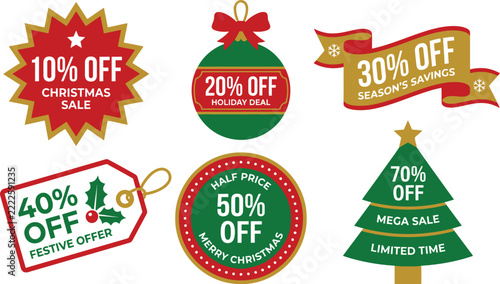 Christmas discount badges in festive red and green vector illustration with ribbons and price tags for holiday sales