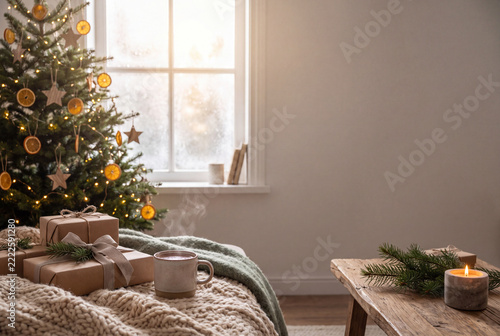 Cozy indoor setting with Christmas tree, gifts, and warm drinks during winter