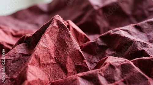 Abstract Macro Texture of Crumpled Deep Red Paper Resembling a Rugged Mountain Landscape for Creative Backgrounds