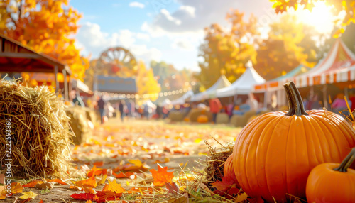 Herbstfest mit Kürbissen und Marktständen im Sonnenschein