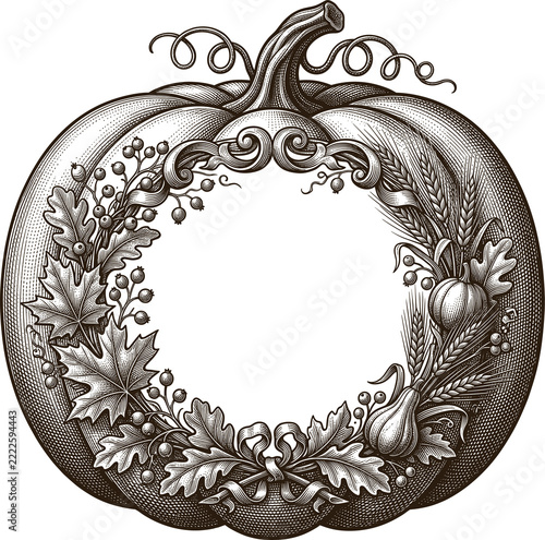 Vintage pumpkin wreath with autumn leaves and fall decorations  