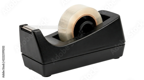 Heavy desktop tape dispenser made of black plastic, holding a roll of clear adhesive tape with a serrated cutting edge. Photorealistic, side 3/4 view, horizontal orientation, ultra-high-resolution 8K,