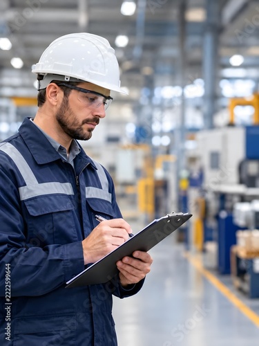 Professional Male Worker Wearing Helmet and Safety Glasses in Factory