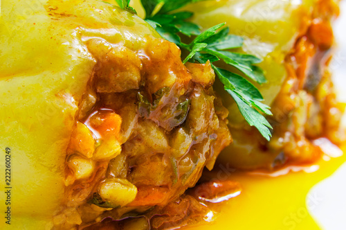 Close-Up of Stuffed Bell Pepper with Meat, Rice, and Fresh Parsley