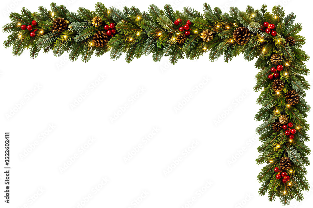 Fototapeta premium Christmas fir tree corner garland with lights isolated on white transparent background, festive pine branches, PNG