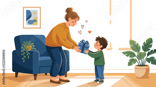 Mother and Child Gift Exchange, Heartwarming Illustration. Family Bonding Moment, Present Giving