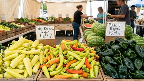 Fresh hot banana peppers, poblano peppers, and watermelons displayed in wooden crates at a farmers market with shoppers and vendors in the back