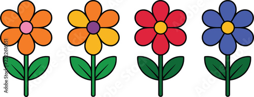 Four colorful cartoon flowers with six petals each, featuring orange, yellow, red, and blue colors with green stems and leaves on white background