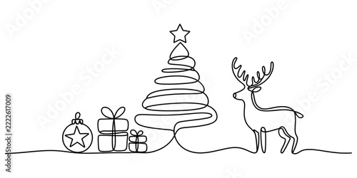 Continuous one line drawing of a christmas tree with a reindeer and gifts