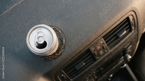Empty aluminum soda can resting on a dusty car dashboard interior