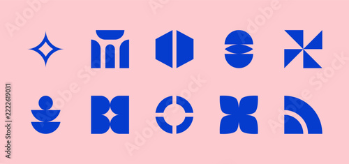 Abstract geometric icon set with flower, waves, stairs, organic , and spiral shapes, ideal for retro, branding, and modern design elements. geometric shapes brutalist vector icons. Vector illustration