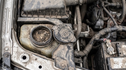 Dirty car engine coolant reservoir with open cap and debris inside