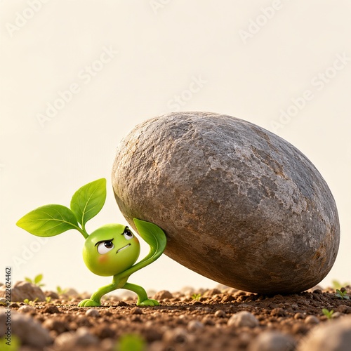 Cute Green Sprout Character Lifting Heavy Rock, Growth, Strength and Overcoming Challenges Concept
