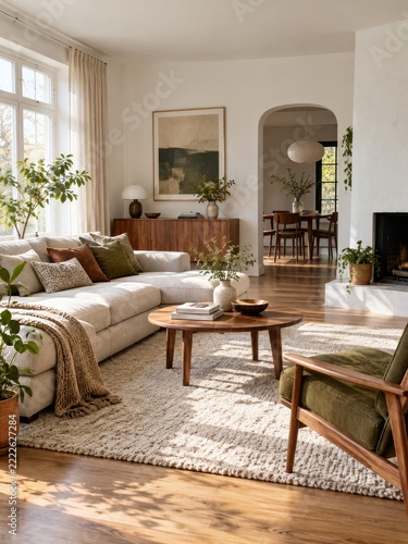 Bright Scandinavian Living Room with a Sofa and Warm Wooden Furniture