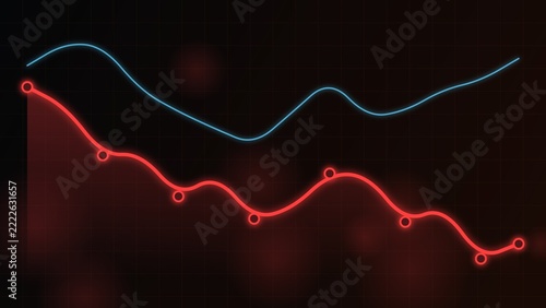 Abstract red and blue neon line graph on dark grid background representing downward trend and market volatility in digital economy.