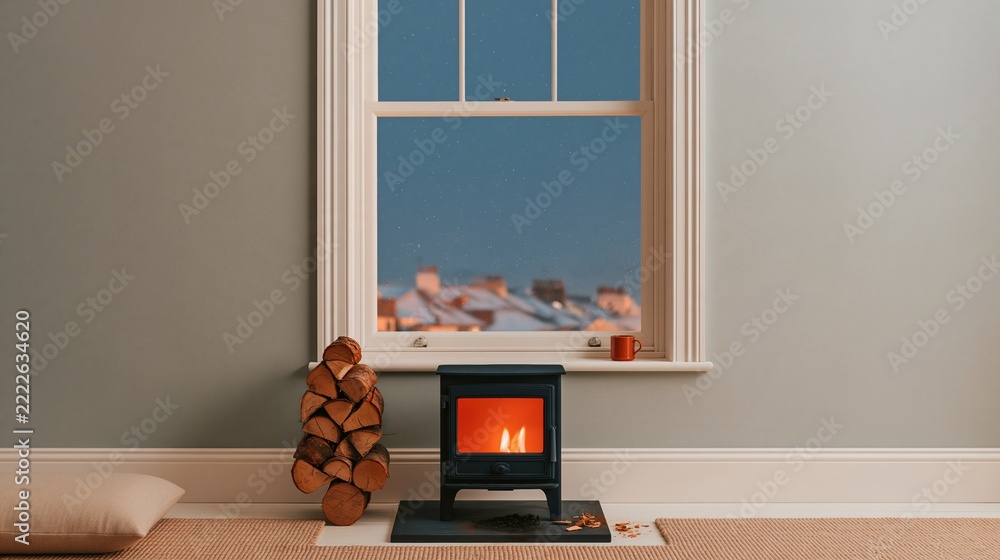 Naklejka premium A tall tower of split logs beside a glowing black stove in a cozy winter living room with a snowy window view, for energy and wonder