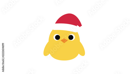 Small yellow baby chick wearing a red and white Santa Claus hat for the Christmas holiday season on a plain white background.