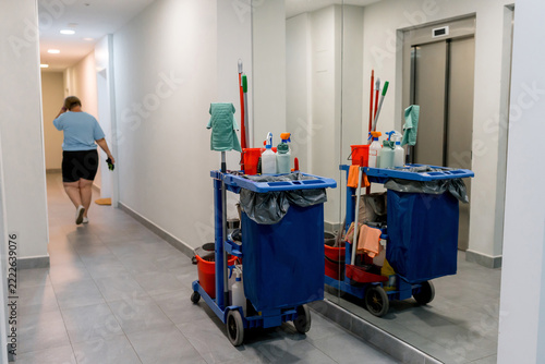 House cleaner with janitorial cart in apartment hallway