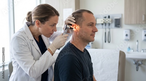 Medical professional examining patients ear with otoscope in clinical setting with copy space