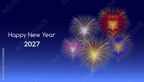 Happy new year 2027 banner template with colorful fireworks burst on dark blue gradient background vector illustration