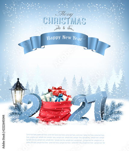 Merry Christmas and Happy New Year 2027. Blue 3D numbers with a red sack full presents on a winter landscape background. Vector