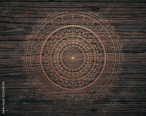 Golden Sacred Geometry Mandala Overlay on Dark Rustic Wooden Plank Surface Background