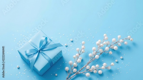 A serene winter wonderland scene featuring delicate snowflakes and beautifully wrapped gifts