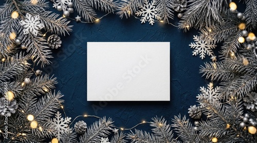 A festive winter scene with a blank white frame surrounded by christmas trees and twinkling lights