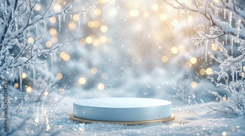 A stunning winter wonderland scene with a glowing pedestal evoking feelings of peace and tranquility