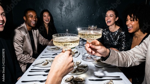 Friends toasting champagne coupes at upscale restaurant dinner party. Diverse group celebrating with oysters and sparkling wine. Flashburn lighting direct flash aesthetic