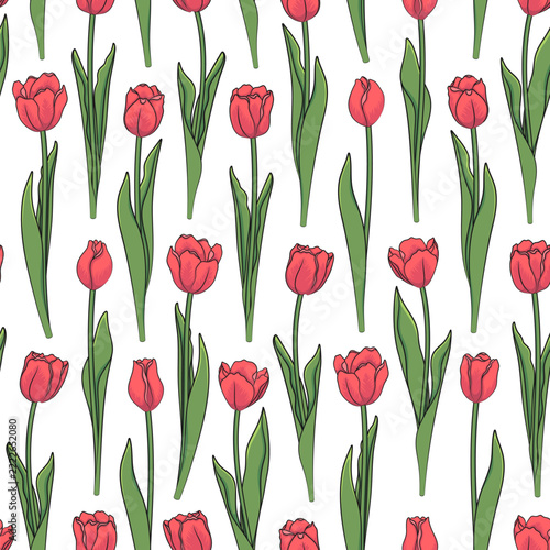 Seamless pattern with red tulips. Vector color background.